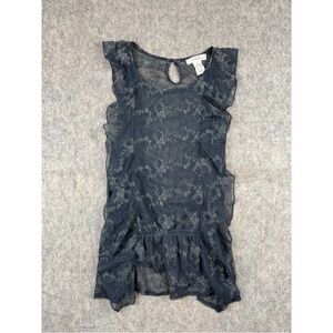 Pinky Lace Top Women's M Black Floral Sleeveless Ruffled Sheer Pullover Blouse